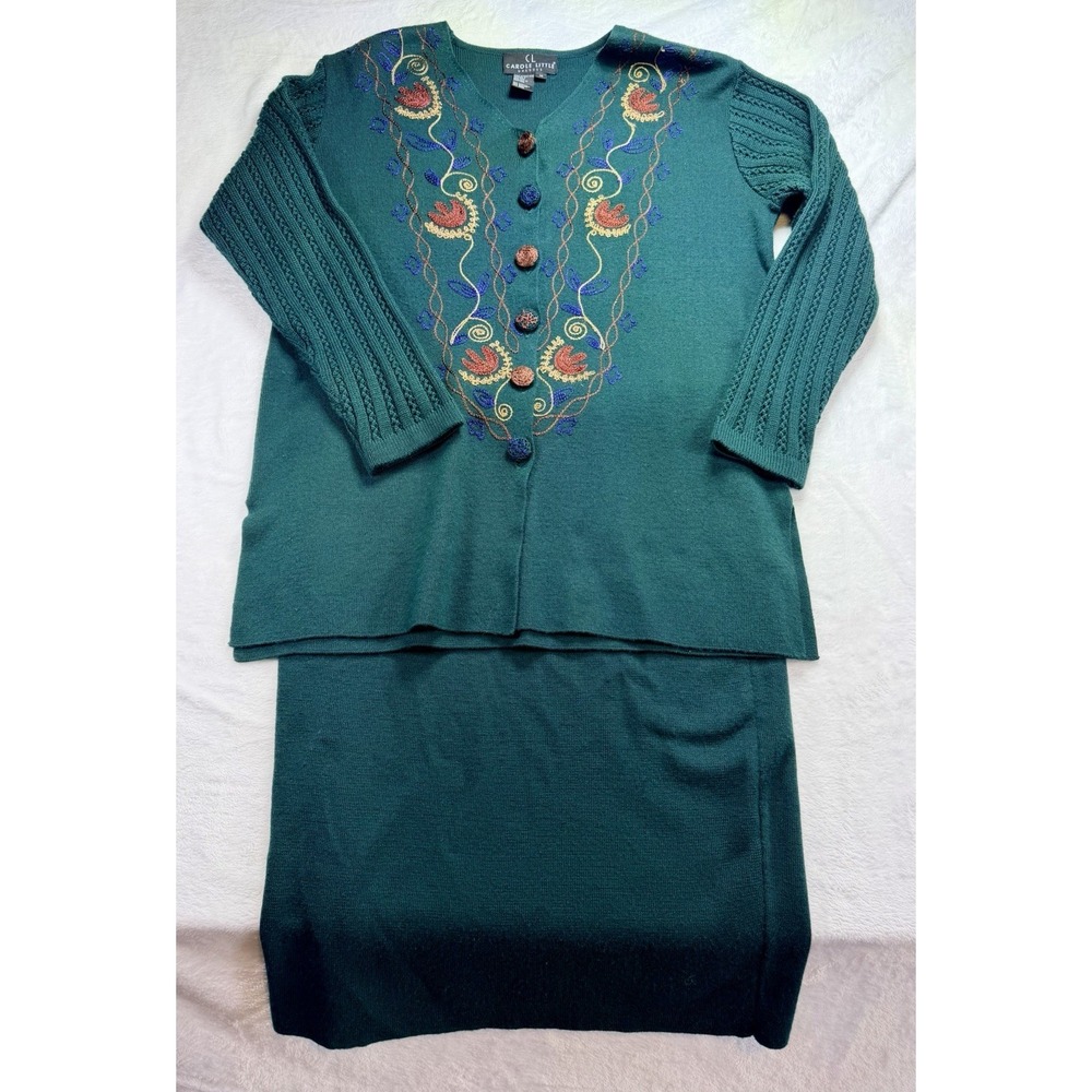 VTG 90s Carole Little 2 Pc Skirt Set Green Embroidered Knit Sweater Wool Blend M